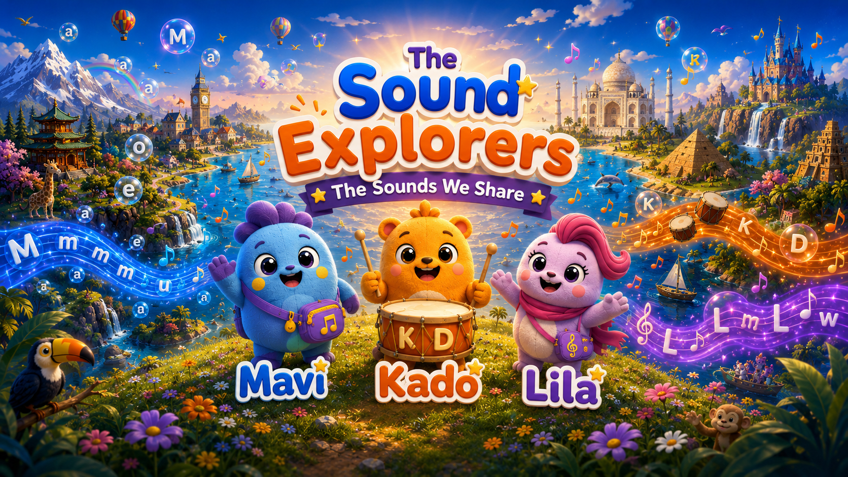 Mavi, Kado, and Lila, the Sound Explorers, together in the Sound Lands